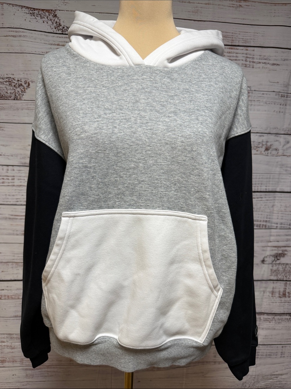 Fabletics Gray, White & Black Colorblock Hooded Sweatshirt